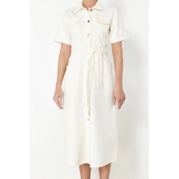 Kadın Moda Şık Maxi Boy Gömlek Yaka Denim Kemerli Elbise