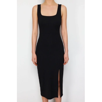 Kadın Moda Şık Midi Boy Kare Yaka Slim itted Vücuda Oturan Yırtmaçlı Esnek Örme Kalem Elbise