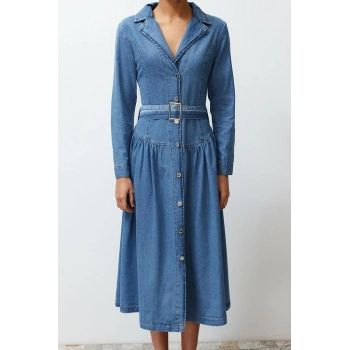 Kadın Moda Şık Maxi Boy Gömlek Yaka Oversize Kemerli Denim Elbise