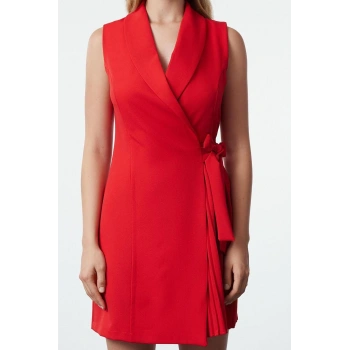 Kadın Moda Şık Mini Boy Ceket Yaka Regular Düz Dokuma Elbise