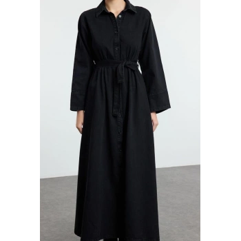 Kadın Moda Şık Maxi Boy Gömlek Yaka Regular Modest Gömlek Denim Elbise
