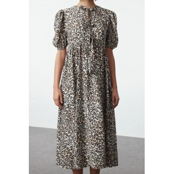 Kadın Moda Şık Maxi Boy Bisiklet Yaka Relaxed Animal A-line Dokuma Elbise