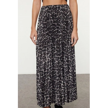 Kadın Moda Stil Maxi Astarsız Örme Piliseli Leopar Baskılı Esnek Örme Etek