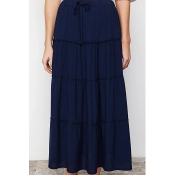 Kadın Moda Stil Maxi Astarsız Dokuma Belinde Büzgü Detaylı Kloş Maxi Boy Dokuma Etek