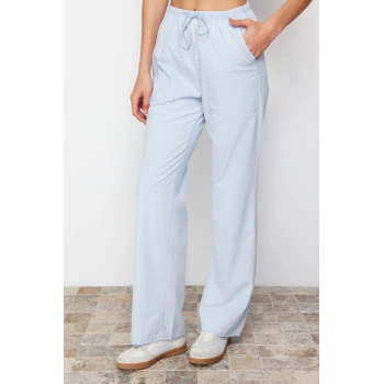 Kadın Moda Şık Kot Pantolon Geniş Paça Regular Boy Denim Beli Lastikli Chambre Yüksek Bel Jeans