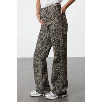 Kadın Moda Şık Kot Pantolon Geniş Paça Regular Boy Denim Leopar Baskılı Kahverengi Yüksek Bel Jeans