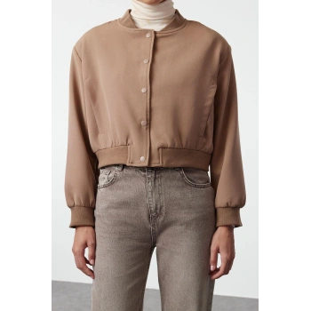 Kadın Moda Şık Bol Hakim Yaka Crop Düz Astarlı Oversize Crop İnce Bomber Mont