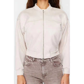 Kadın Moda Şık Bol Hakim Yaka Crop Düz Astarlı Oversize Süet Bomber Ceket Mont