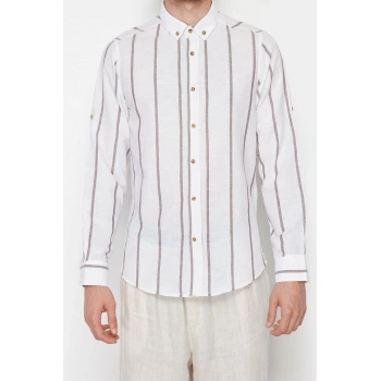 Erkek Moda Uzun Kol Dokuma Haki Slim Fit Düğmeli Yaka Apoletli Çizgili Gömlek