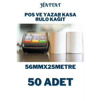 50 Adet Rulo 56mmx25m POS ve Yazar Kasa Termal Rulo Yüksek Kaliteli Dayanıklı Tam Metraj Net Baskı