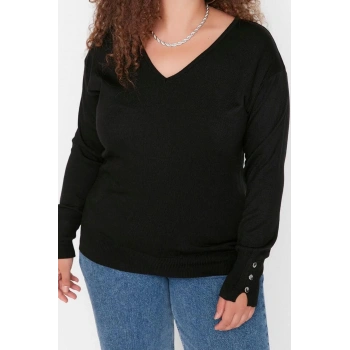 Kadın Büyük Beden Moda Şık Regular V Yaka Uzun Kol Düz Düğme Detaylı Triko Kazak