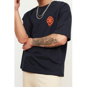 Yeni Sezon Oversize %100 Pamuk Bisiklet Yaka Kısa Kol Geometrik Desenli Günlük T-Shirt