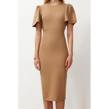 Yeni Regular Gündüz Gece Finike Dokuma Bisiklet Yaka Kısa Kol Bodycone Midi Boy Elbise