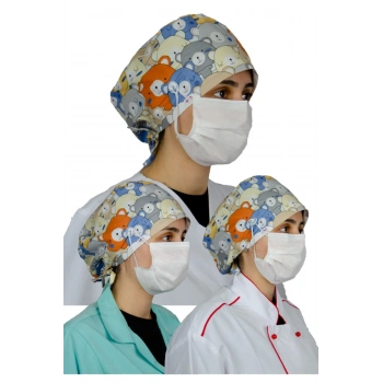 Doctor Nurse Cook Bonnet, Surgical Bonnet 100% Cotton, A Model Teddy Bear with Buttons and Sweatband for Mask