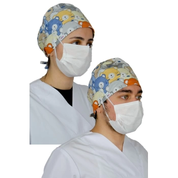 Doctor Nurse Cook Bonnet, Surgical Bonnet 100% Cotton, B Model Teddy Bear with Buttons and Sweatband for Mask