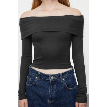 Kadın Moda Şık Üst Giyim Crop Carmen Yaka Slim Kalıp Örme Kısa Esnek Bluz