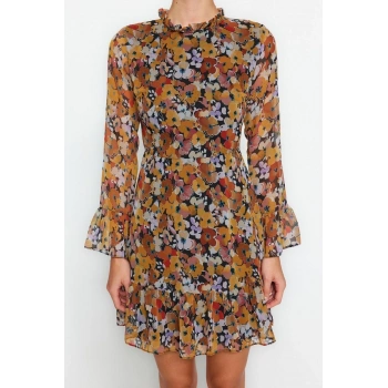 Yeni Regular Gündüz Gece Şifon Dokuma Dik Yaka Uzun Kol A-Line Mini Boy Elbise