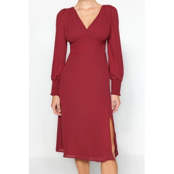 Yeni Regular Gündüz Gece Şifon Dokuma V Yaka Uzun Kol A-Line Midi Boy Elbise