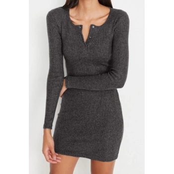 Yeni Slim Casual Günlük Rejenere Kaşkorse Örme Kare Yaka Uzun Kol Bodycone Mini Boy Elbise