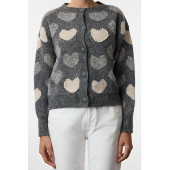 Kadın Moda Şık Regular Bisiklet Yaka Slim Kalp Detaylı Triko Hırka