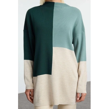 Kadın Tesettür Moda Şık Regular Dik Yaka Uzun Kol Renk Bloklu Dik Yaka Triko Kazak