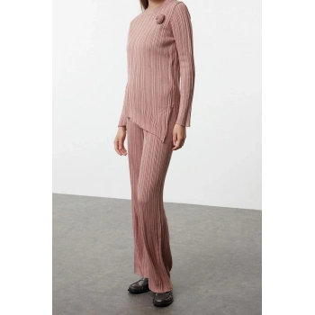 Kadın Moda Şık Regular Uzun Boy Uzun Kollu Gül Detaylı Triko Alt-Üst Takım