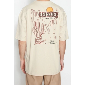 Yeni Sezon Oversize %100 Pamuk Bisiklet Yaka Kısa Kol Tropikal Desenli Günlük T-Shirt