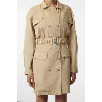 Kadın Moda Şık Mini Boy Ceket Yaka Regular Kemerli Düğmeli Dokuma Ceket Elbise