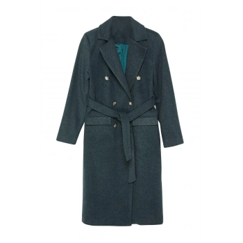 Kadın Moda Şık Fitted Ceket Yaka Uzun Düz Astarlı Fitted Kuşaklı Gold Düğmeli Uzun Yünlü Kaşe Kaban