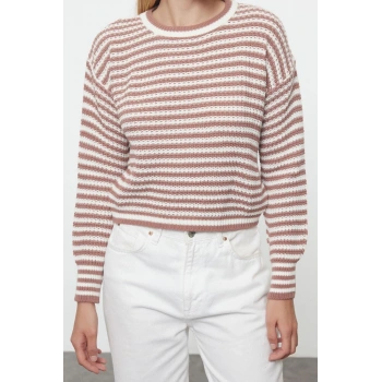 Kadın Moda Şık Bisiklet Yaka Standart Kol Crop Çizgili Triko Kazak