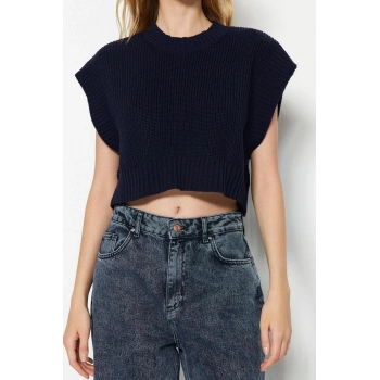 Kadın Moda Şık Bisiklet Yaka Standart Kol Crop Triko Süveter