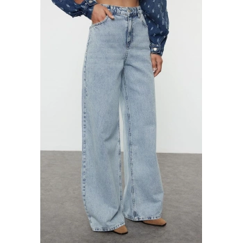 Kadın Moda Şık Kot Pantolon Geniş Paça Uzun Boy Denim Mavi Yüksek Bel Ekstra Palazzo Jeans