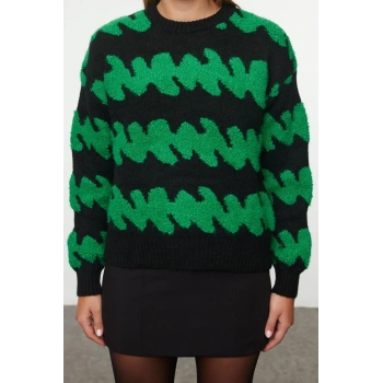 Kadın Moda Şık Bisiklet Yaka Standart Kol Regular Yumuşak Dokulu Renk Bloklu Triko Kazak