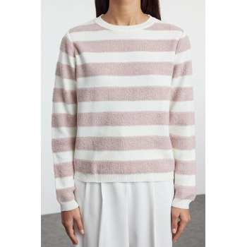 Kadın Moda Şık Bisiklet Yaka Standart Kol Regular Basic Çizgili Triko Kazak