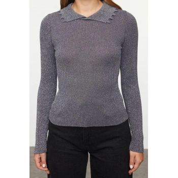 Kadın Moda Şık Polo Yaka Standart Kol Regular Fitilli Triko Kazak