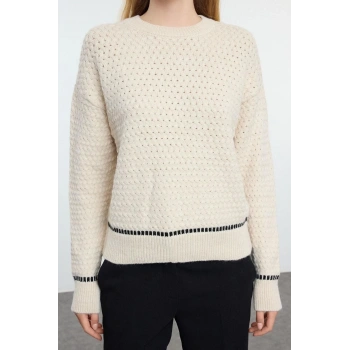 Kadın Moda Şık Bisiklet Yaka Standart Kol Regular Yumuşak Dokulu Saç Örgülü Triko Kazak