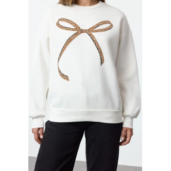 Kadın Moda Bol Bisiklet Yaka Düşük Kol Uzun Baskılı Geniş Kalıp Kalın İçi Polarlı Örme Sweatshirt