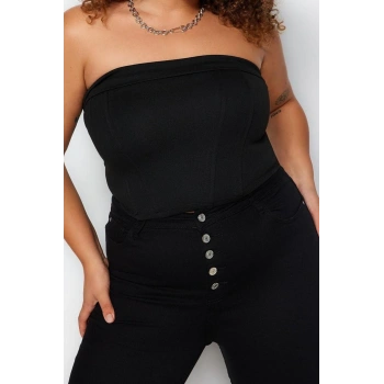 Stil Kadın Straplez Bluz Crop Örme Fitted Kalıp Büyük Beden