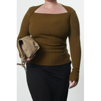 Stil Kadın i Örgü Detaylı Yumuşak Kumaş Bluz Regular Triko Fitted Kalıp Büyük Beden
