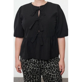 Stil Kadın Kadın Fiyonklu Bluz Uzun Dokuma Regular Kalıp Büyük Beden