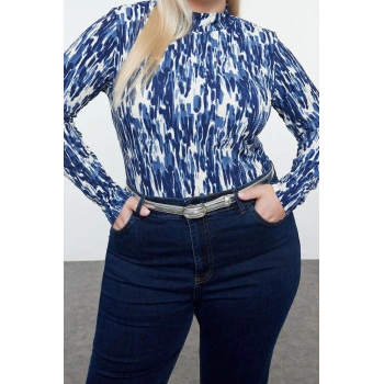 Stil Kadın Baskılı Vücuda Oturan Bluz Regular Örme Fitted Kalıp Büyük Beden