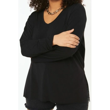 Stil Kadın Boyfriend Yırtmaçlı Bluz Uzun Örme Regular Kalıp Büyük Beden