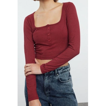 Stil Kadın Düğme Detaylı Fitted Vücuda Oturan Fitilli Esnek Bluz Crop Örme Slim Kalıp