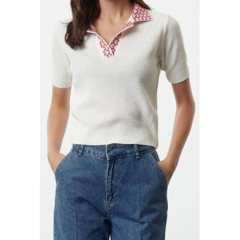 Stil Kadın Yaka Desenli Bluz Regular Triko Regular Kalıp