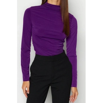 Stil Kadın Büzgü Detaylı Fitted Vücuda Kol Oturan Esnek Bluz Regular Örme Slim Kalıp