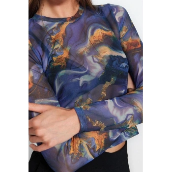 Stil Kadın Baskılı Tül Fitted Vücuda Oturan Esnek Bluz Crop Örme Slim Kalıp