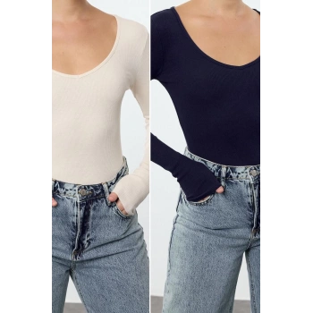 Stil Kadın 2li Paket Fitted Vücuda Oturan Pamuklu Esnek Bluz Regular Örme Slim Kalıp