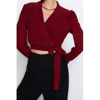 Stil Kadın Kruvaze Kapamalı Esnek Bluz Crop Örme Regular Kalıp Balon Kol