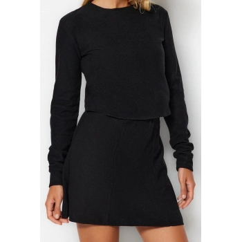 Stil Kadın Düşük Omuzlu Selanik Triko Görünümlü Bluz Crop Örme Regular Kalıp