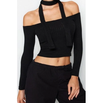 Stil Kadın Fitilli Şal Detaylı Fitted Vücuda Oturan Esnek Bluz Crop Örme Slim Kalıp